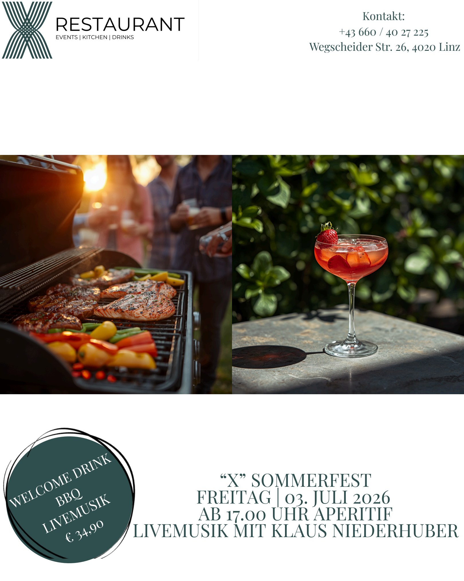 X Sommerfest am 03. Juli 2026 – BBQ, Apéro, Dessertbuffet, Livemusik mit Klaus Niederhuber